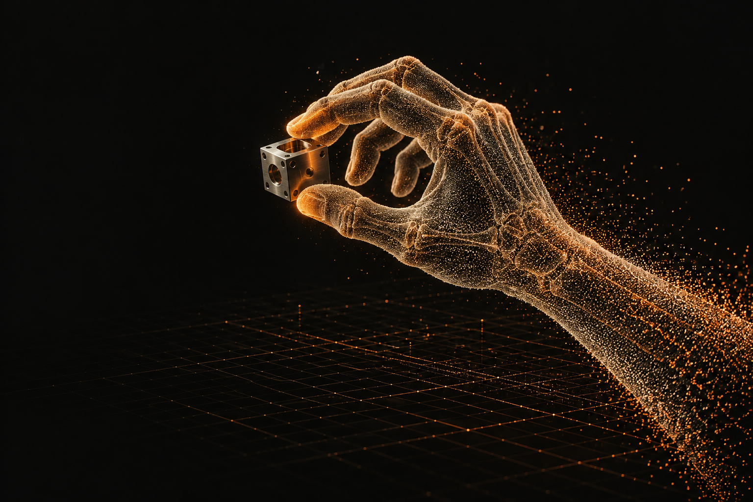 Concept artwork of a hand, rendered as orange and ivory data points, grasping a machined object